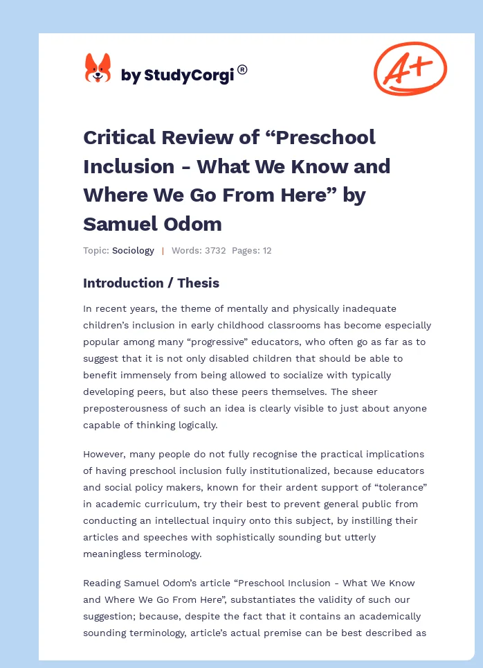 Critical Review of “Preschool Inclusion - What We Know and Where We Go From Here” by Samuel Odom. Page 1