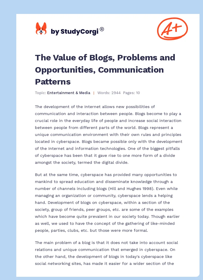 The Value of Blogs, Problems and Opportunities, Communication Patterns. Page 1