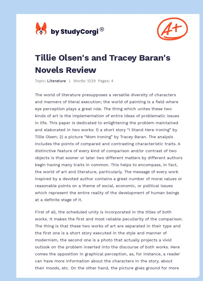 Tillie Olsen's and Tracey Baran's Novels Review. Page 1