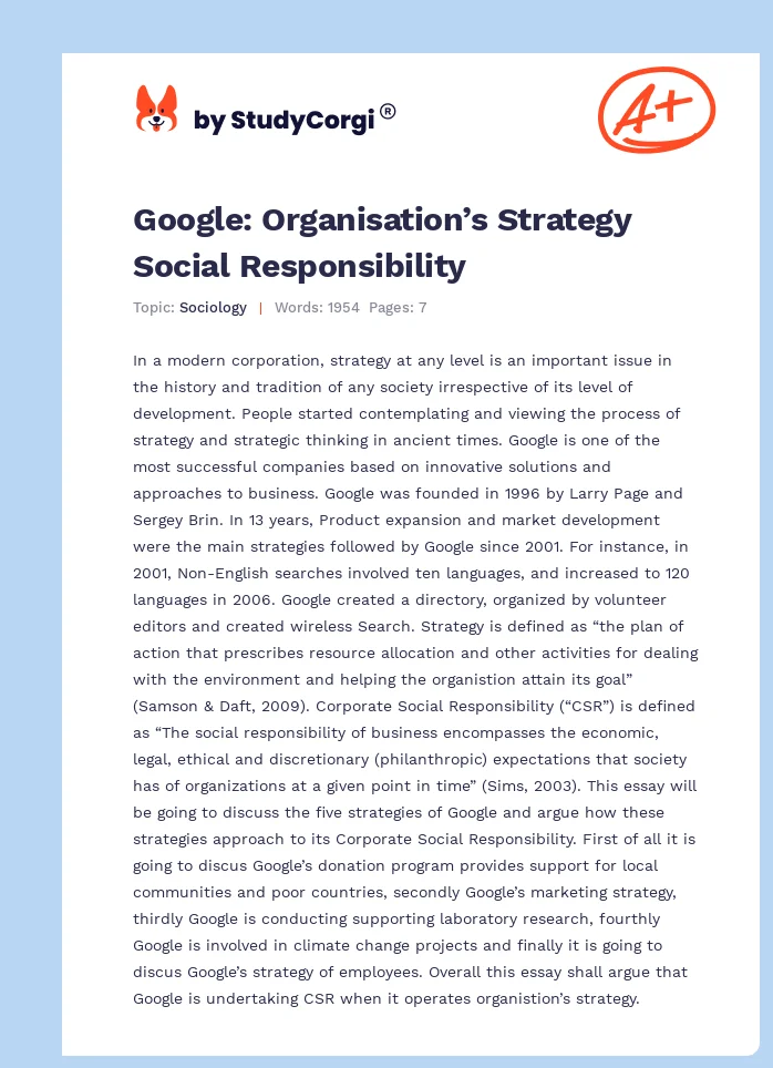 Google: Organisation’s Strategy Social Responsibility. Page 1
