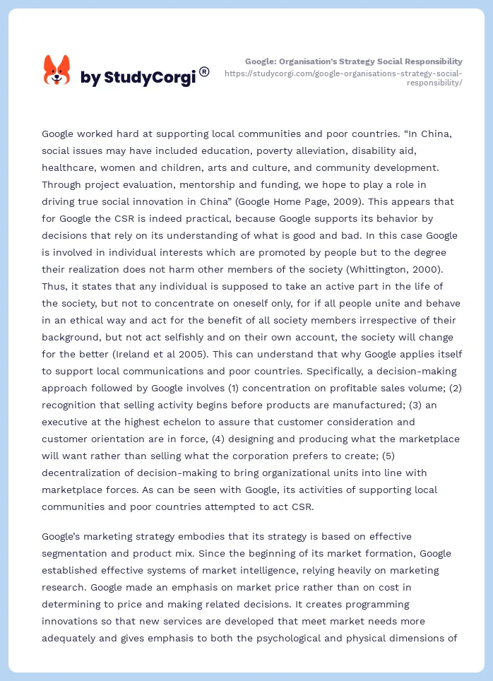 Google: Organisation’s Strategy Social Responsibility. Page 2