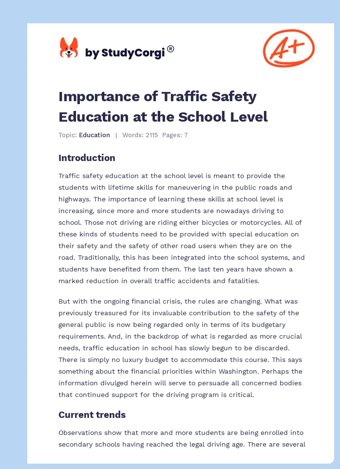 Importance of Traffic Safety Education at the School Level. Page 1