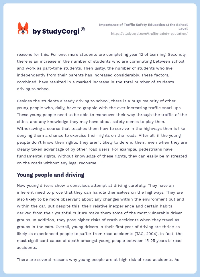 Importance of Traffic Safety Education at the School Level. Page 2