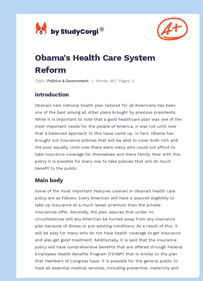 Obama's Health Care System Reform. Page 1