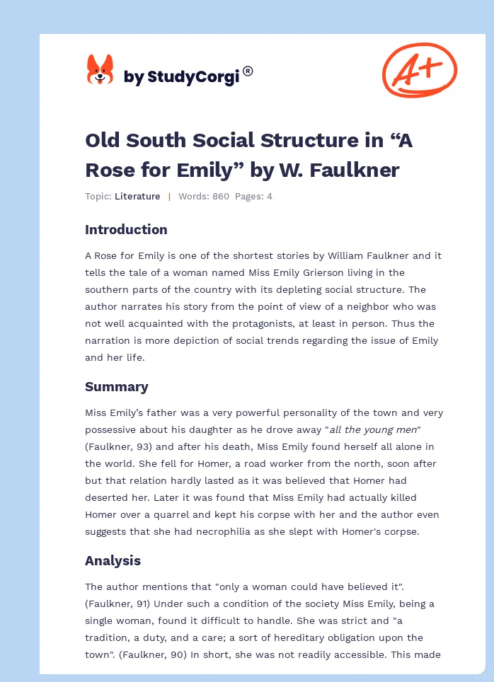 Old South Social Structure in “A Rose for Emily” by W. Faulkner. Page 1