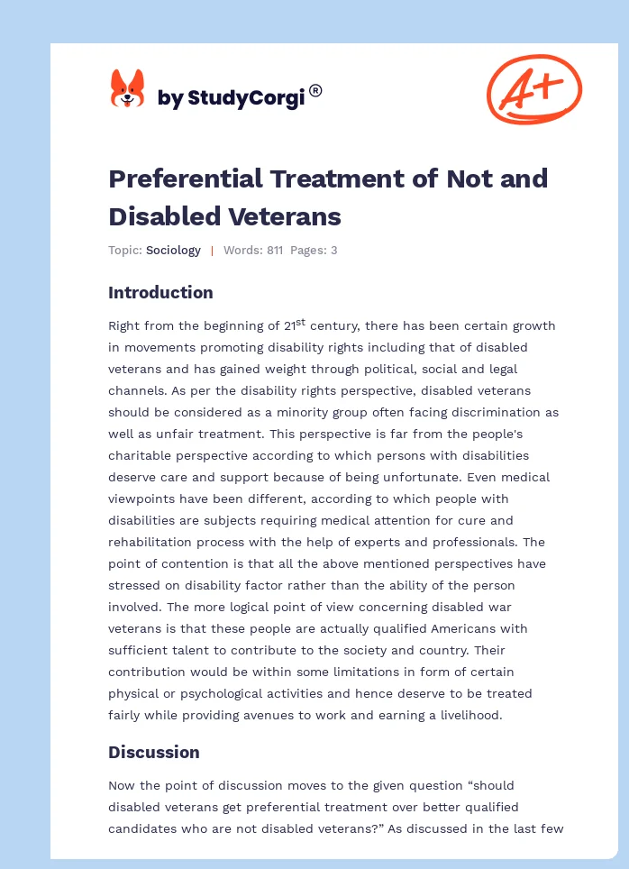 Preferential Treatment of Not and Disabled Veterans. Page 1