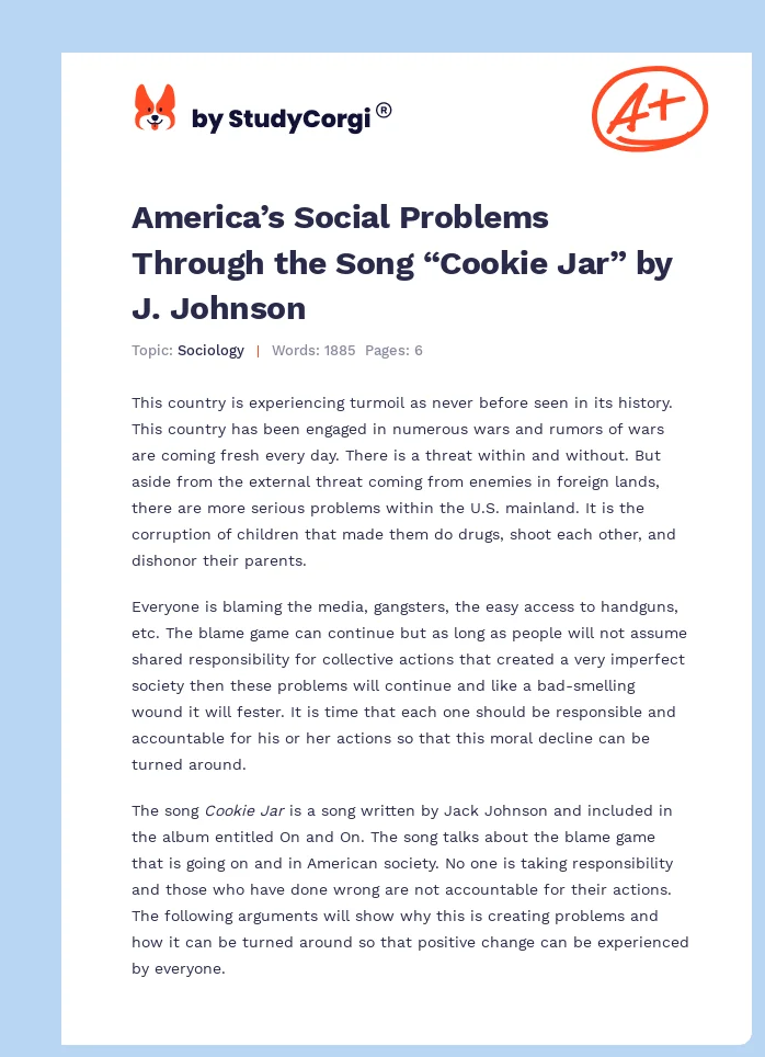 America’s Social Problems Through the Song “Cookie Jar” by J. Johnson. Page 1