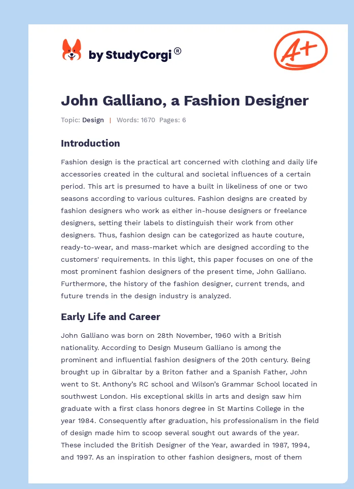 John Galliano, a Fashion Designer. Page 1