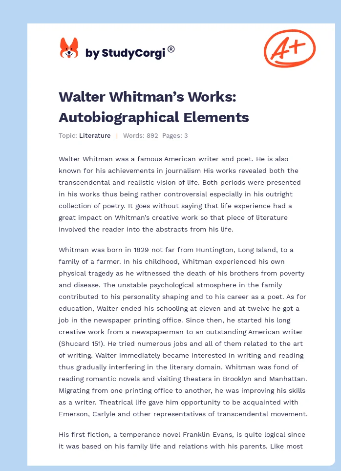 Walter Whitman’s Works: Autobiographical Elements. Page 1