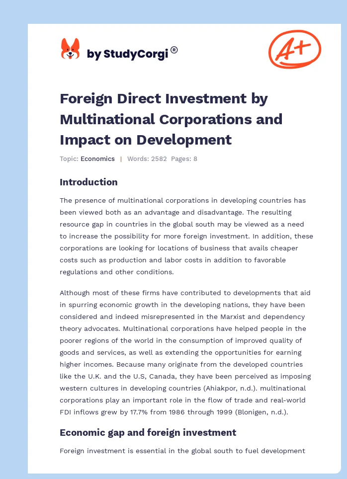 Foreign Direct Investment by Multinational Corporations and Impact on Development. Page 1