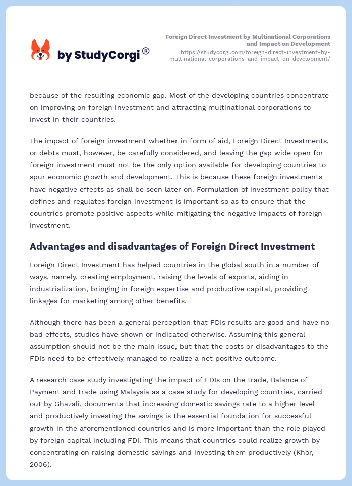 Foreign Direct Investment by Multinational Corporations and Impact on Development. Page 2