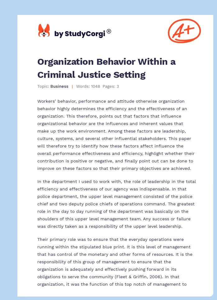 Organization Behavior Within a Criminal Justice Setting. Page 1