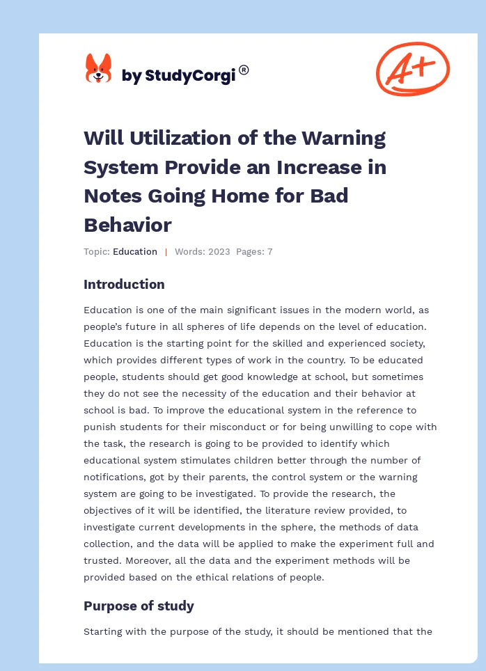 Will Utilization of the Warning System Provide an Increase in Notes Going Home for Bad Behavior. Page 1