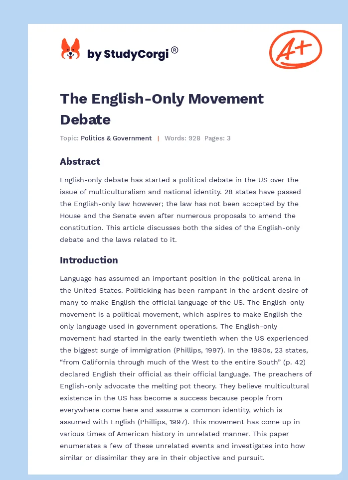 The English-Only Movement Debate. Page 1