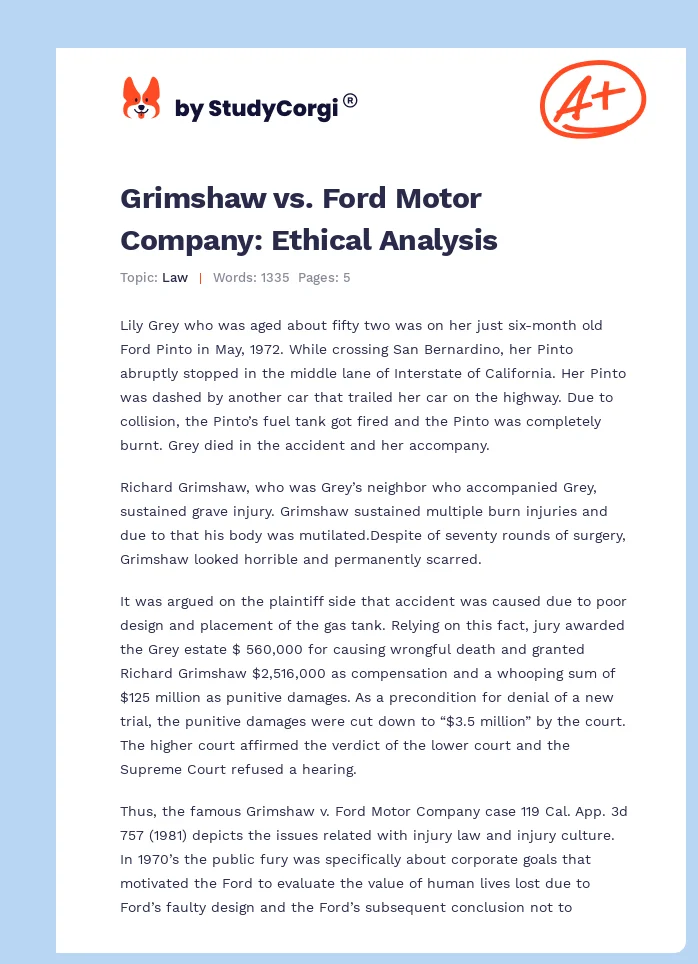 Grimshaw vs. Ford Motor Company: Ethical Analysis. Page 1