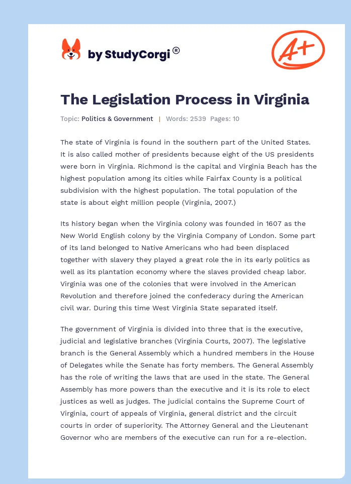 The Legislation Process in Virginia. Page 1