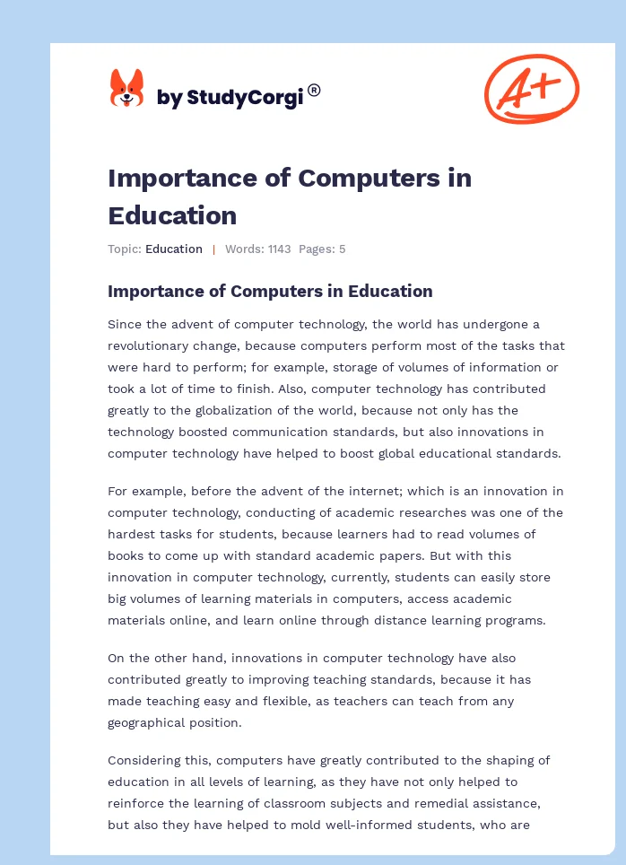 Importance of Computers in Education. Page 1