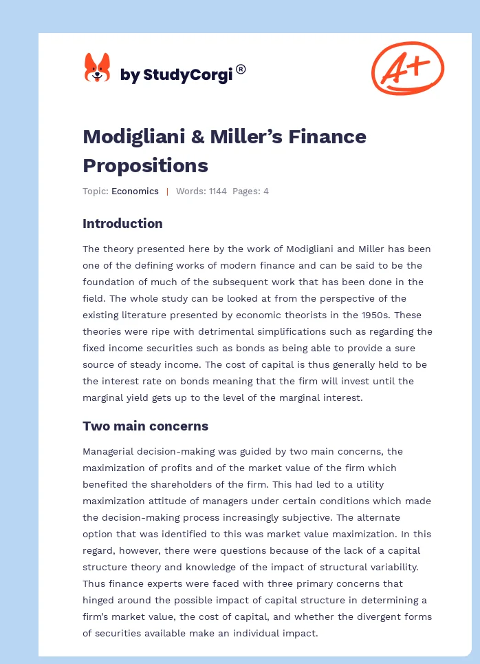 Modigliani & Miller’s Finance Propositions. Page 1