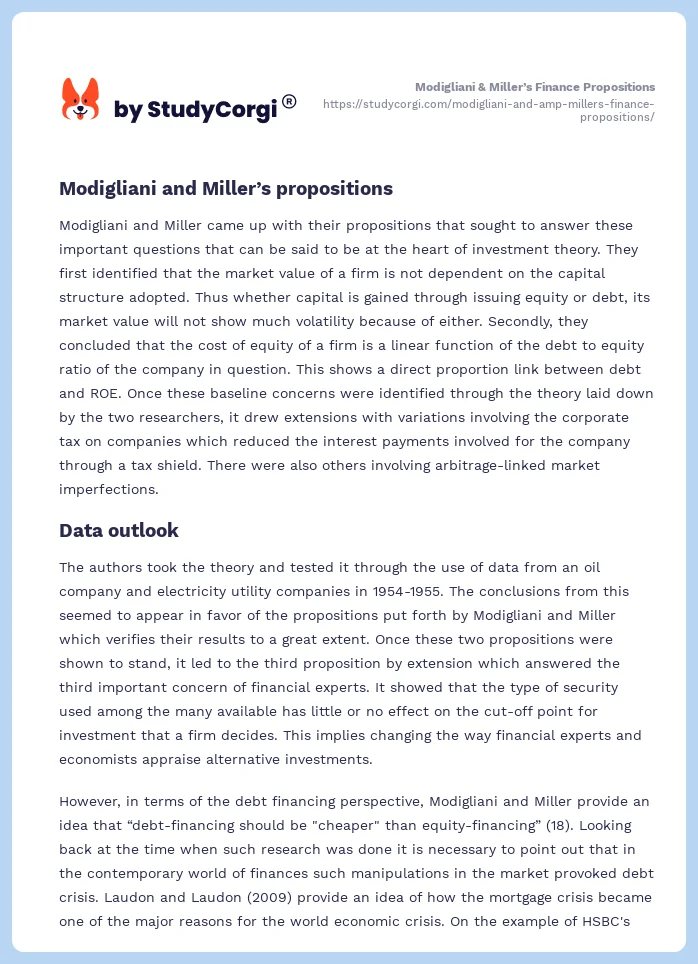 Modigliani & Miller’s Finance Propositions. Page 2