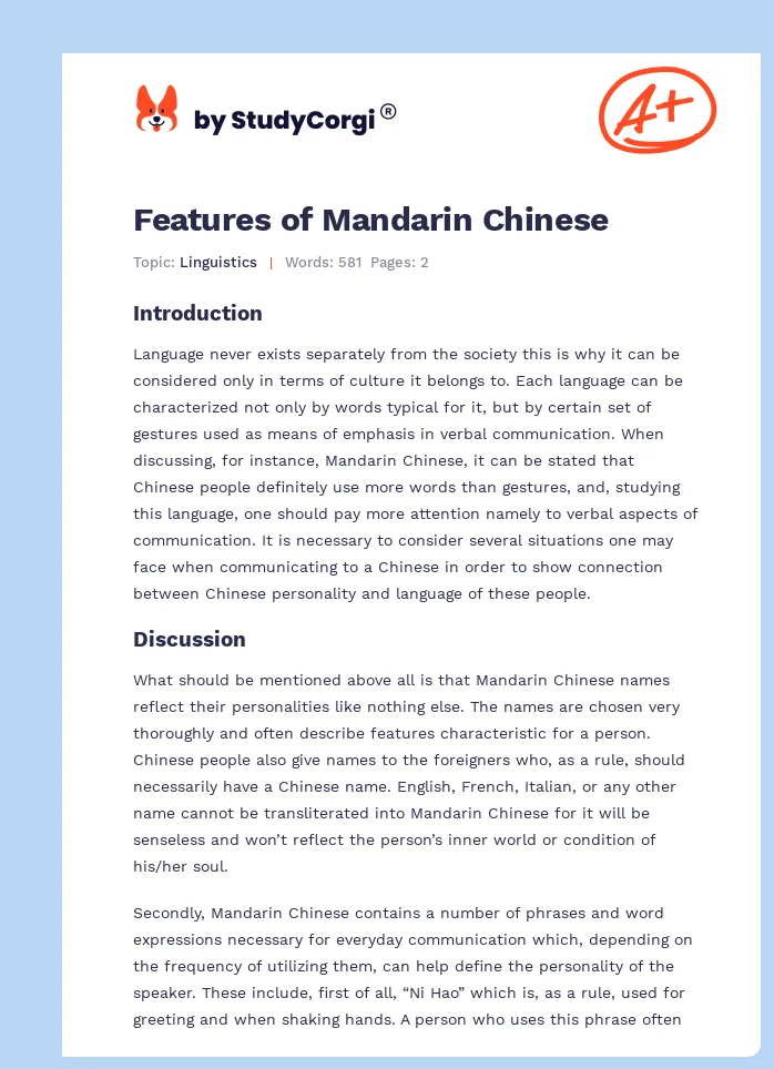 Features of Mandarin Chinese. Page 1