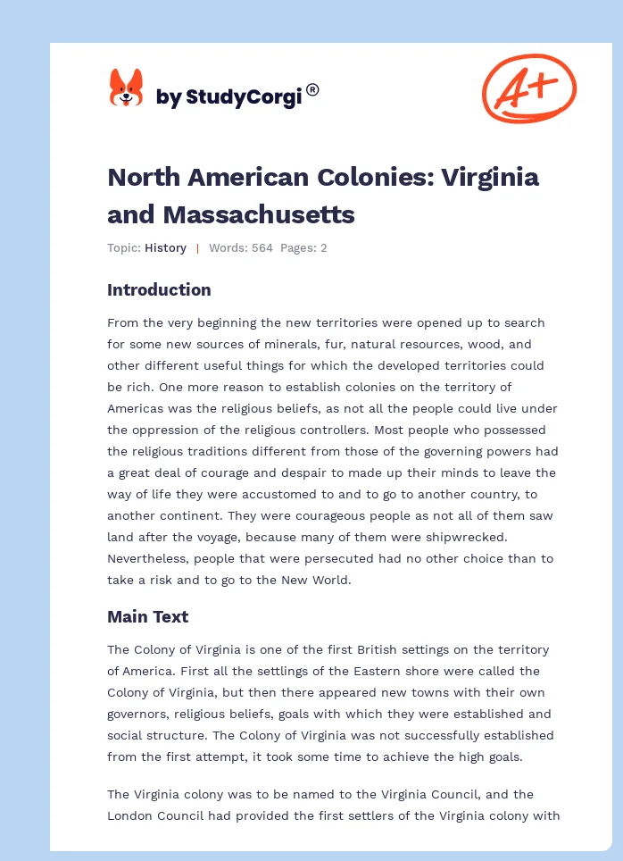 North American Colonies: Virginia and Massachusetts. Page 1