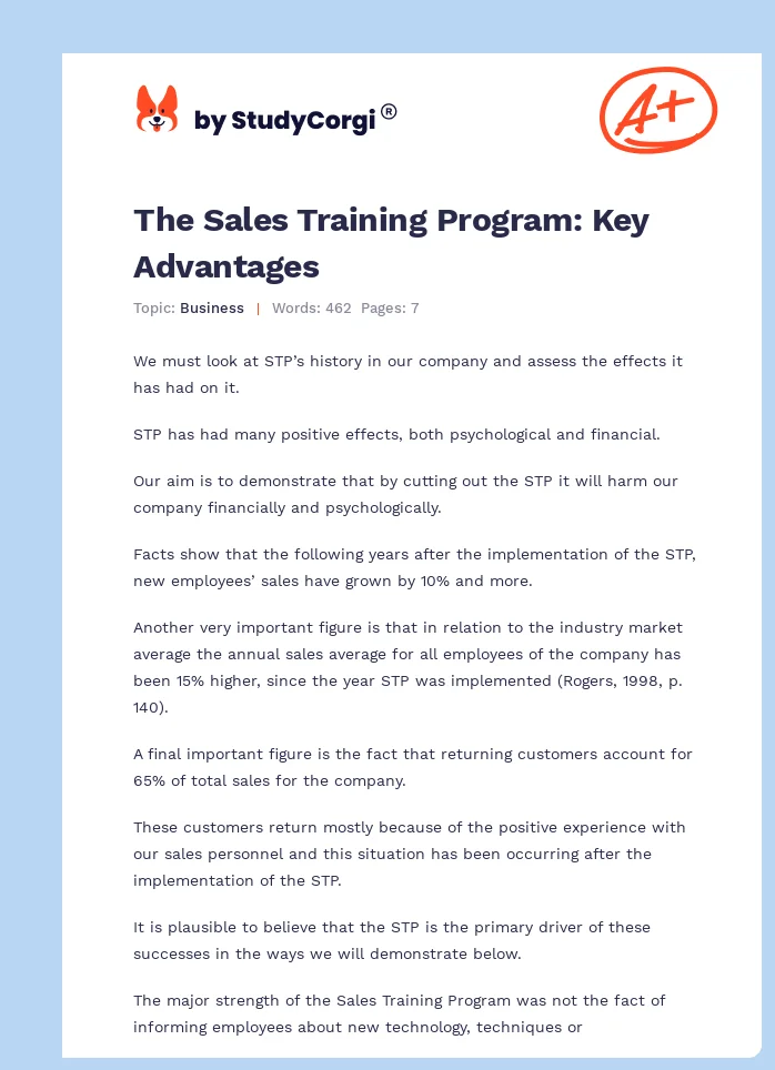 The Sales Training Program: Key Advantages. Page 1