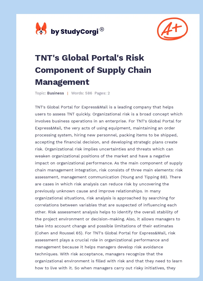 TNT's Global Portal's Risk Component of Supply Chain Management. Page 1
