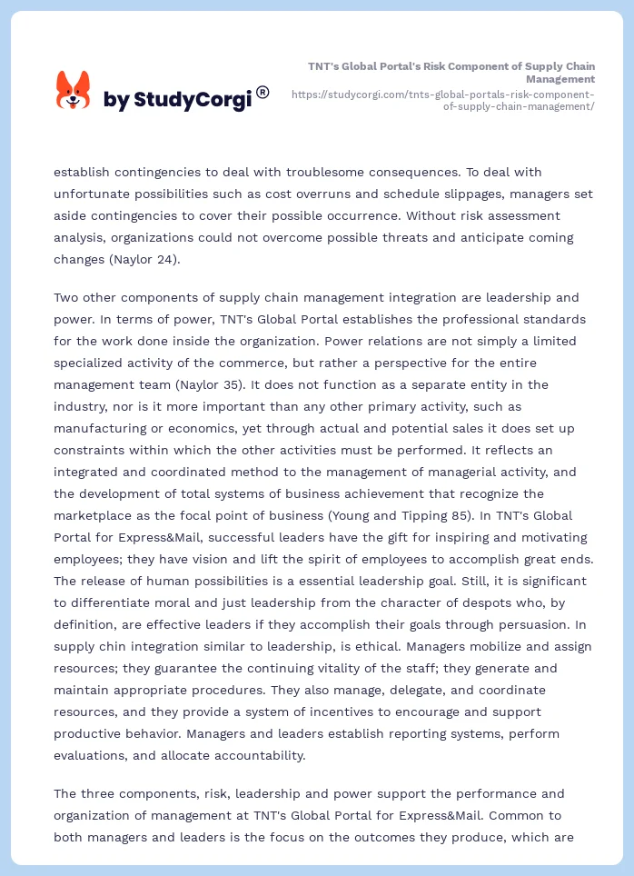 TNT's Global Portal's Risk Component of Supply Chain Management. Page 2