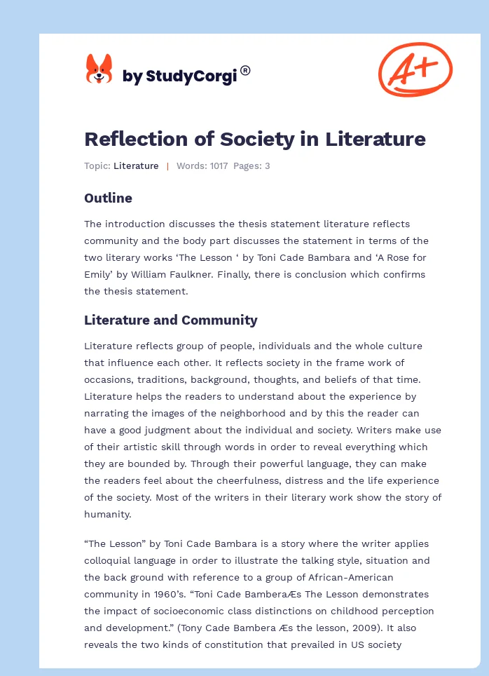 Reflection of Society in Literature. Page 1