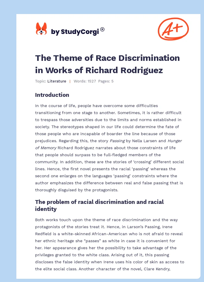 The Theme of Race Discrimination in Works of Richard Rodriguez. Page 1
