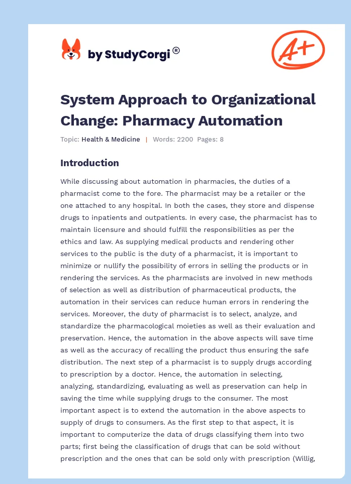 System Approach to Organizational Change: Pharmacy Automation. Page 1
