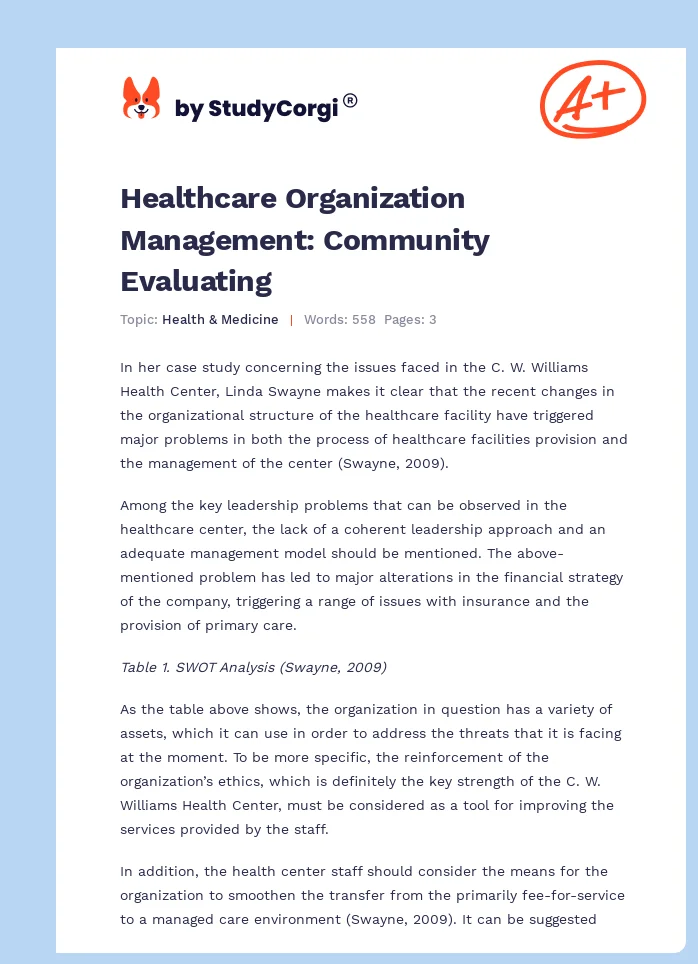 Healthcare Organization Management: Community Evaluating. Page 1