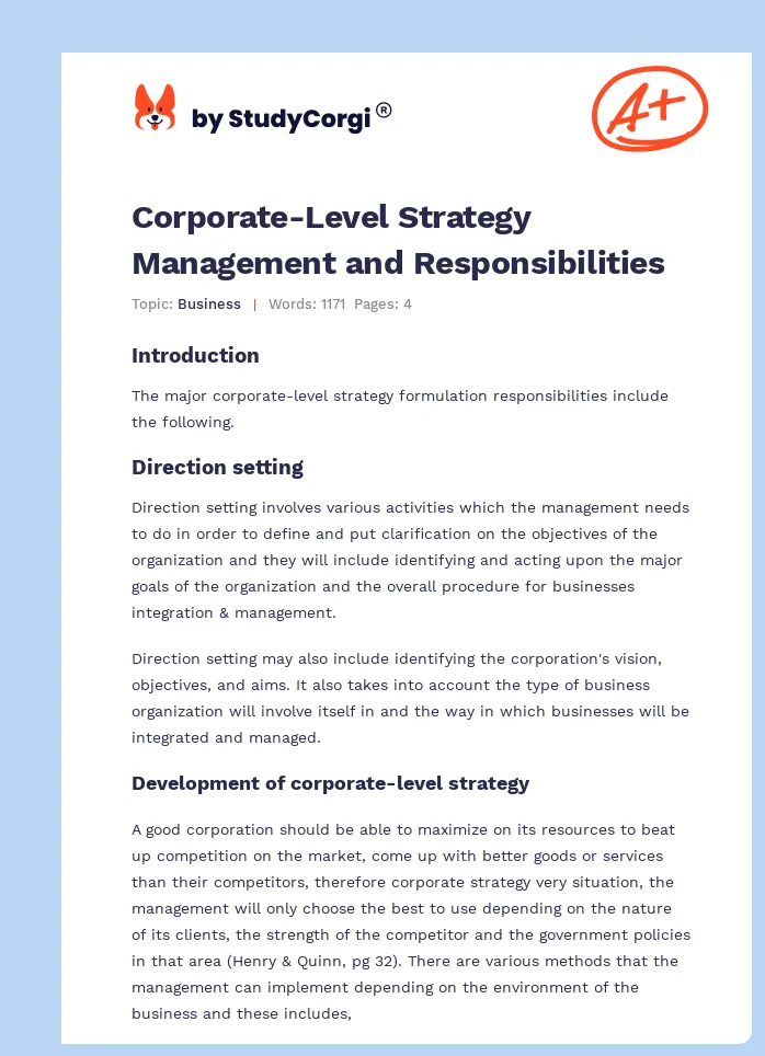 Corporate-Level Strategy Management and Responsibilities. Page 1