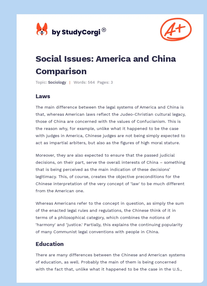 Social Issues: America and China Comparison. Page 1