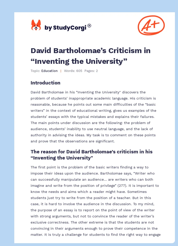 David Bartholomae’s Criticism in “Inventing the University”. Page 1