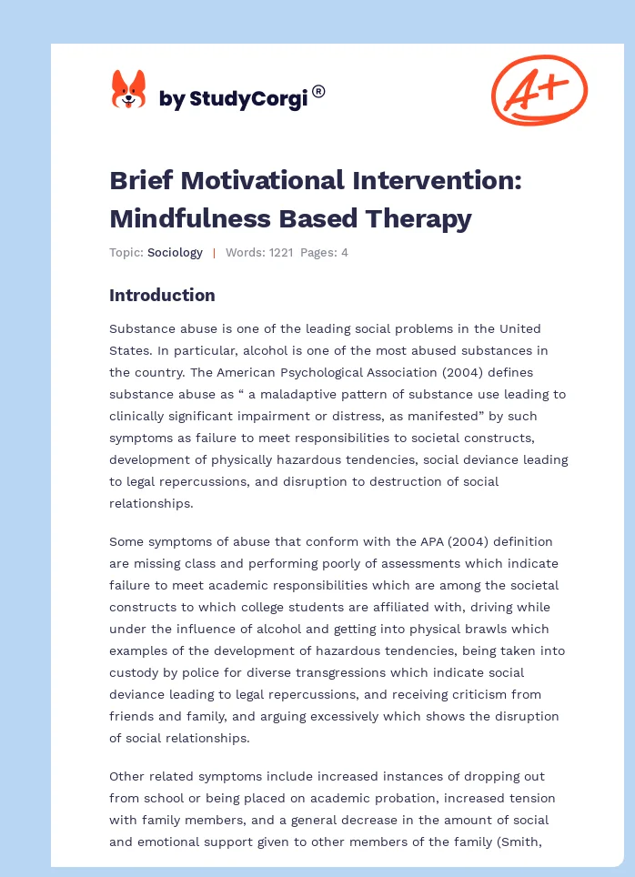 Brief Motivational Intervention: Mindfulness Based Therapy. Page 1