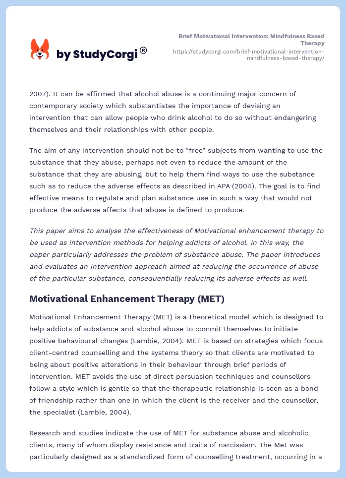 Brief Motivational Intervention: Mindfulness Based Therapy. Page 2