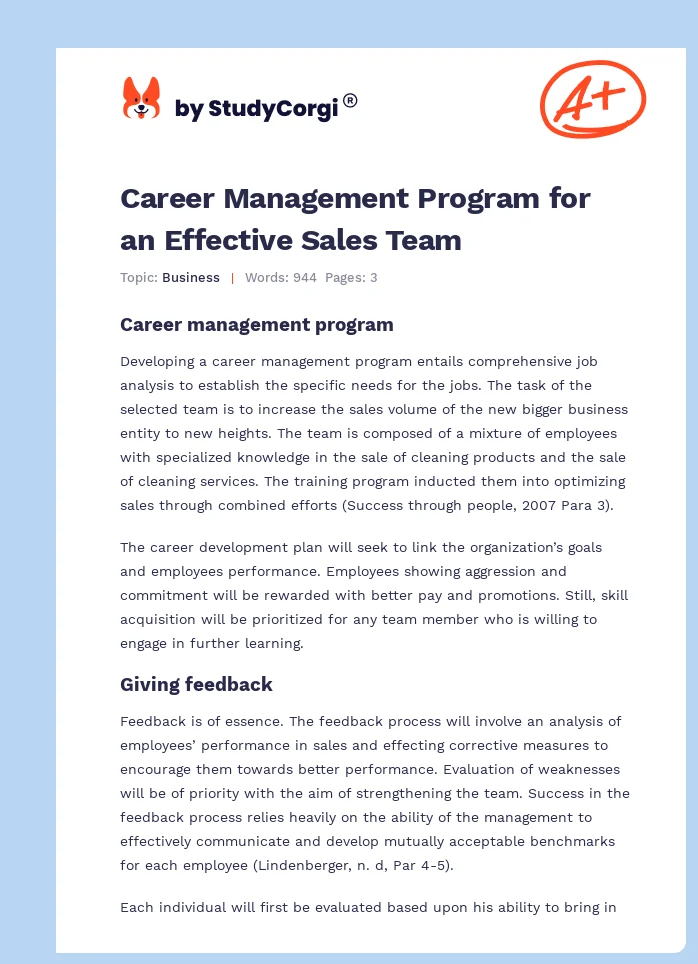 Career Management Program for an Effective Sales Team. Page 1