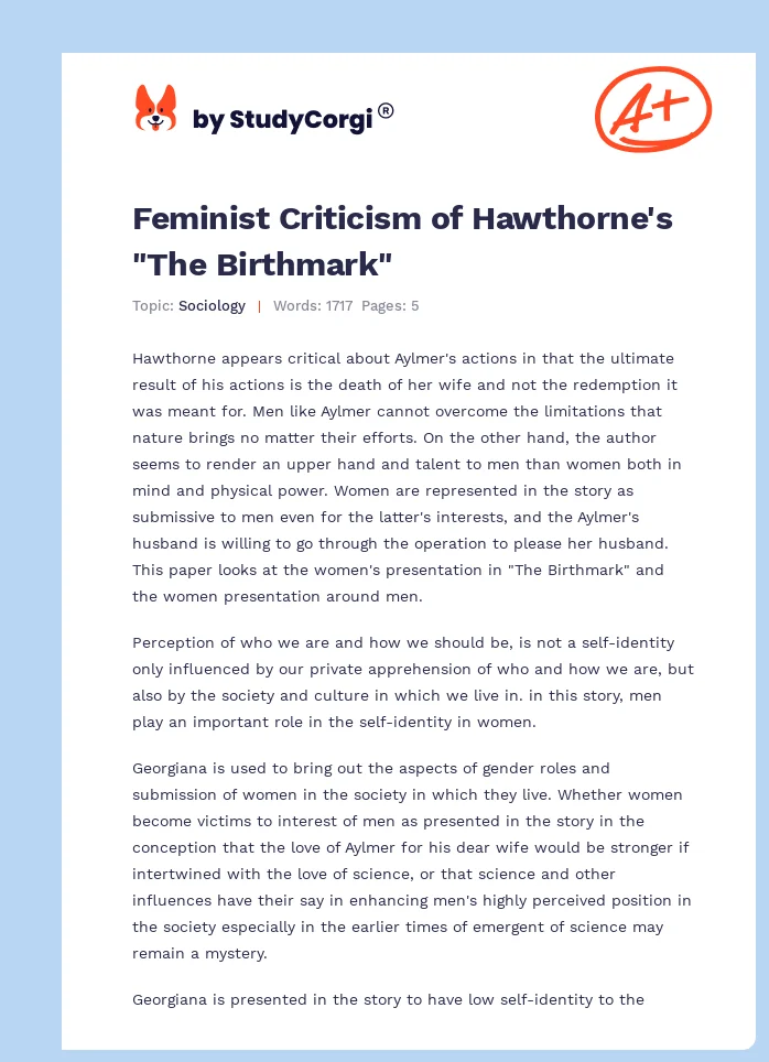 Feminist Criticism of Hawthorne's "The Birthmark". Page 1