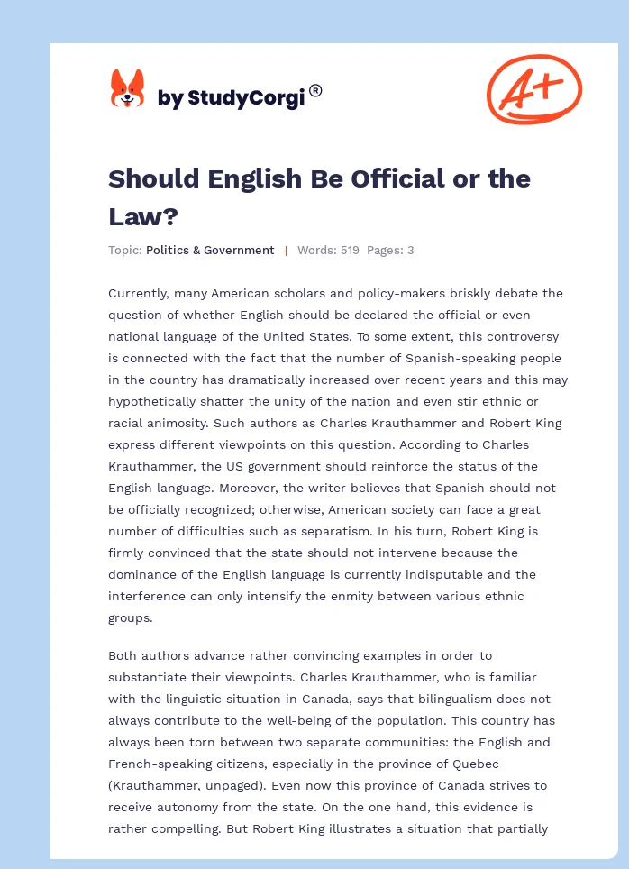 Should English Be Official or the Law?. Page 1