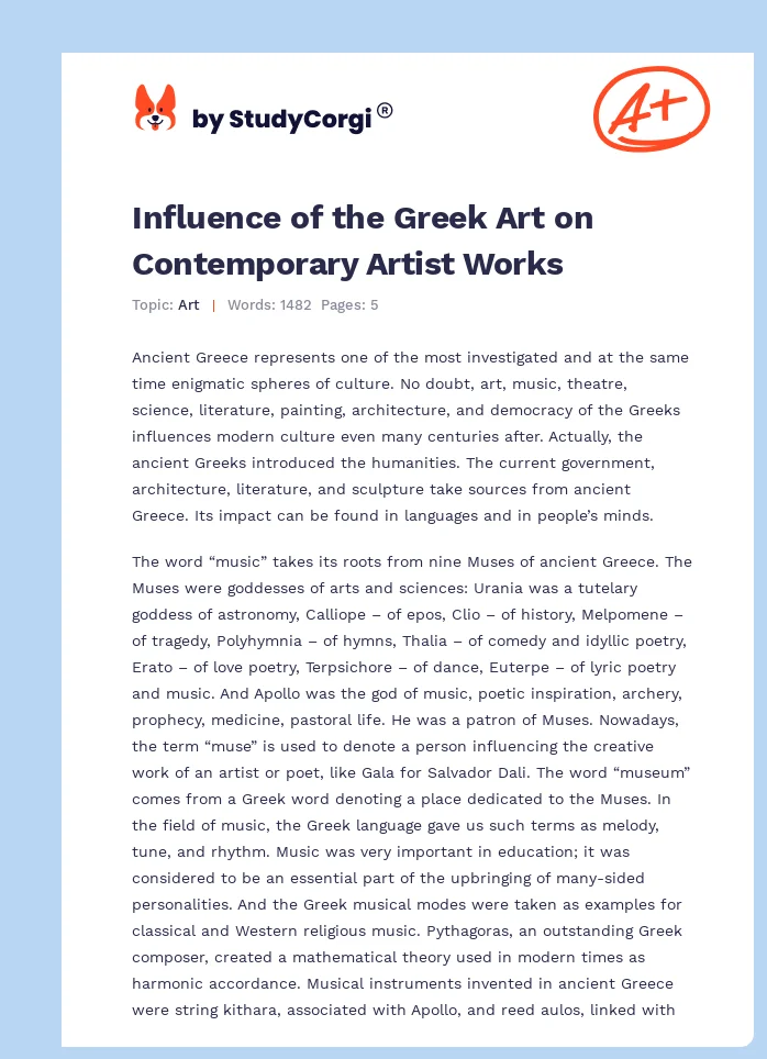 Influence of the Greek Art on Contemporary Artist Works. Page 1