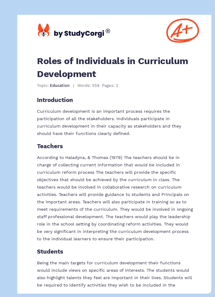 Roles of Individuals in Curriculum Development. Page 1