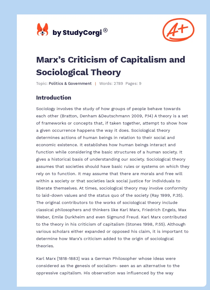Marx’s Criticism of Capitalism and Sociological Theory. Page 1