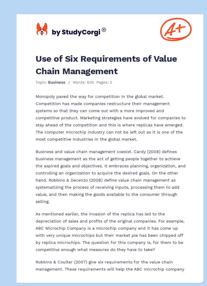 Use of Six Requirements of Value Chain Management. Page 1
