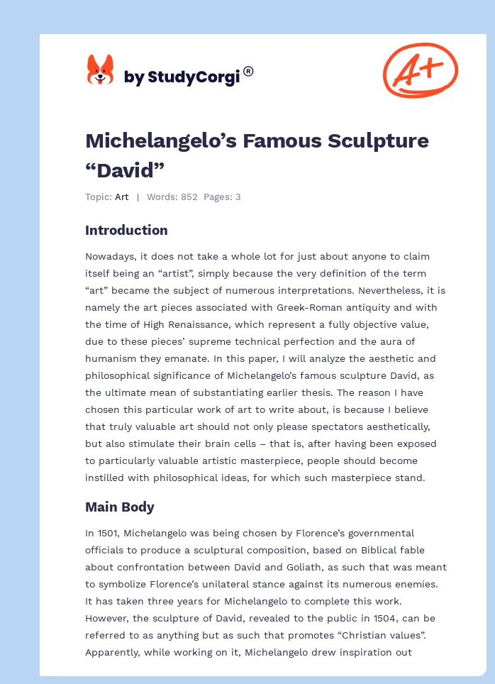 Michelangelo’s Famous Sculpture “David”. Page 1
