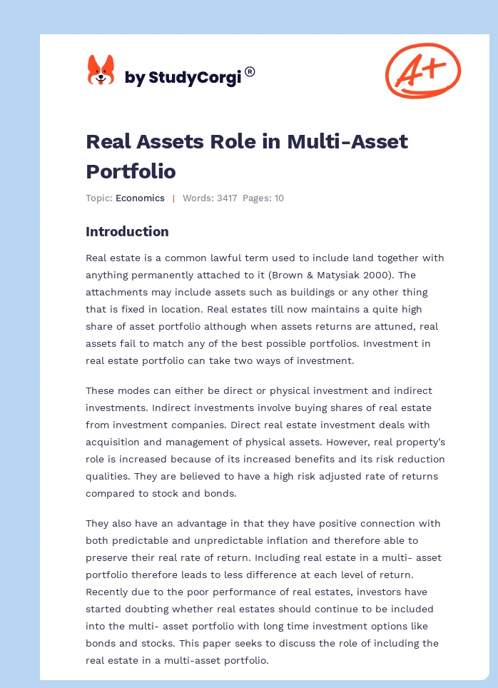 Real Assets Role in Multi-Asset Portfolio. Page 1