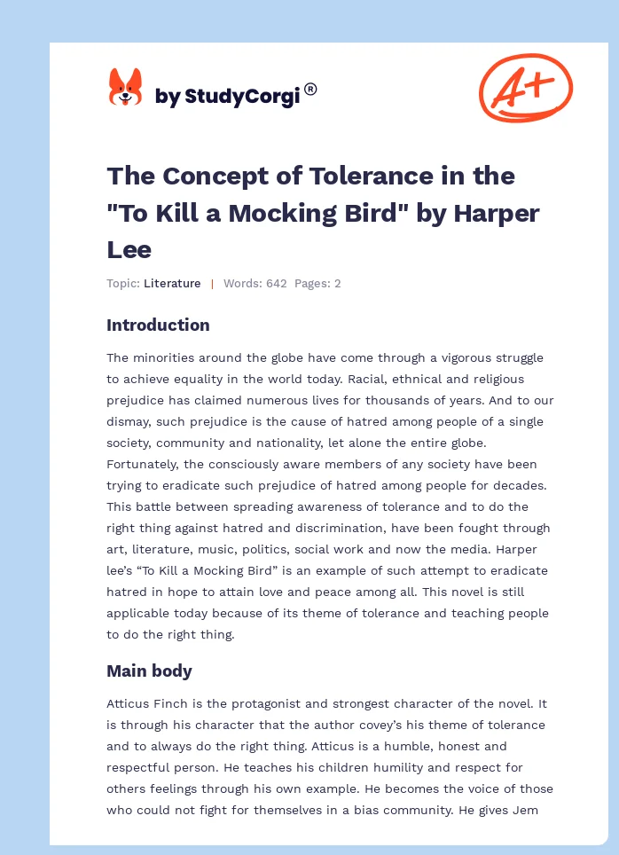 The Concept of Tolerance in the "To Kill a Mocking Bird" by Harper Lee. Page 1