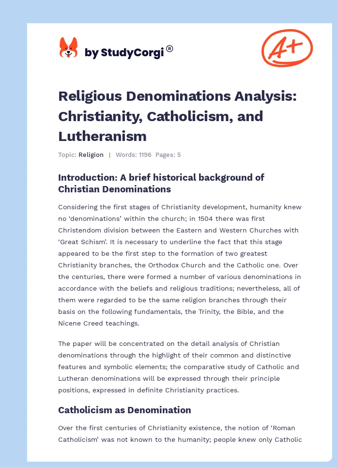 Religious Denominations Analysis: Christianity, Catholicism, and Lutheranism. Page 1