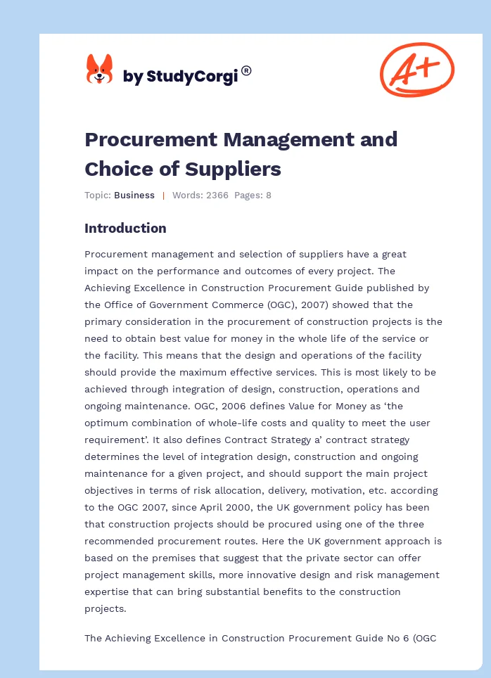 Procurement Management and Choice of Suppliers. Page 1