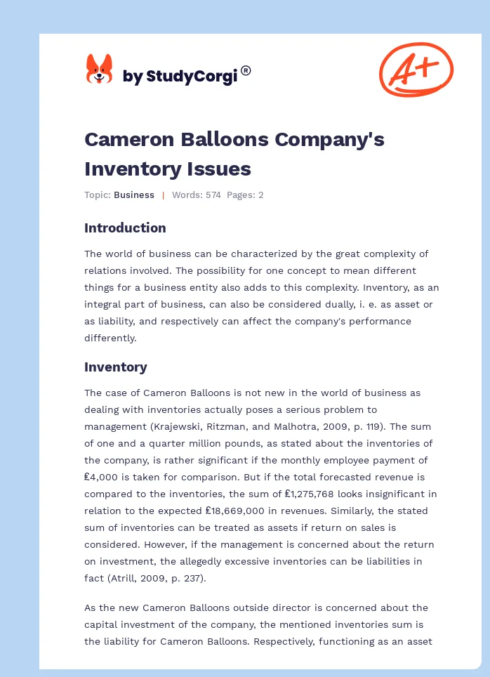 Cameron Balloons Company's Inventory Issues. Page 1
